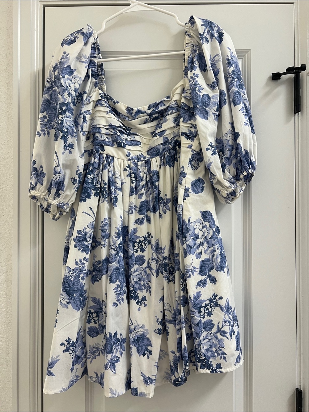 Abercrombie & Fitch White Puff Sleeve Mini Dress with Blue Floral Print